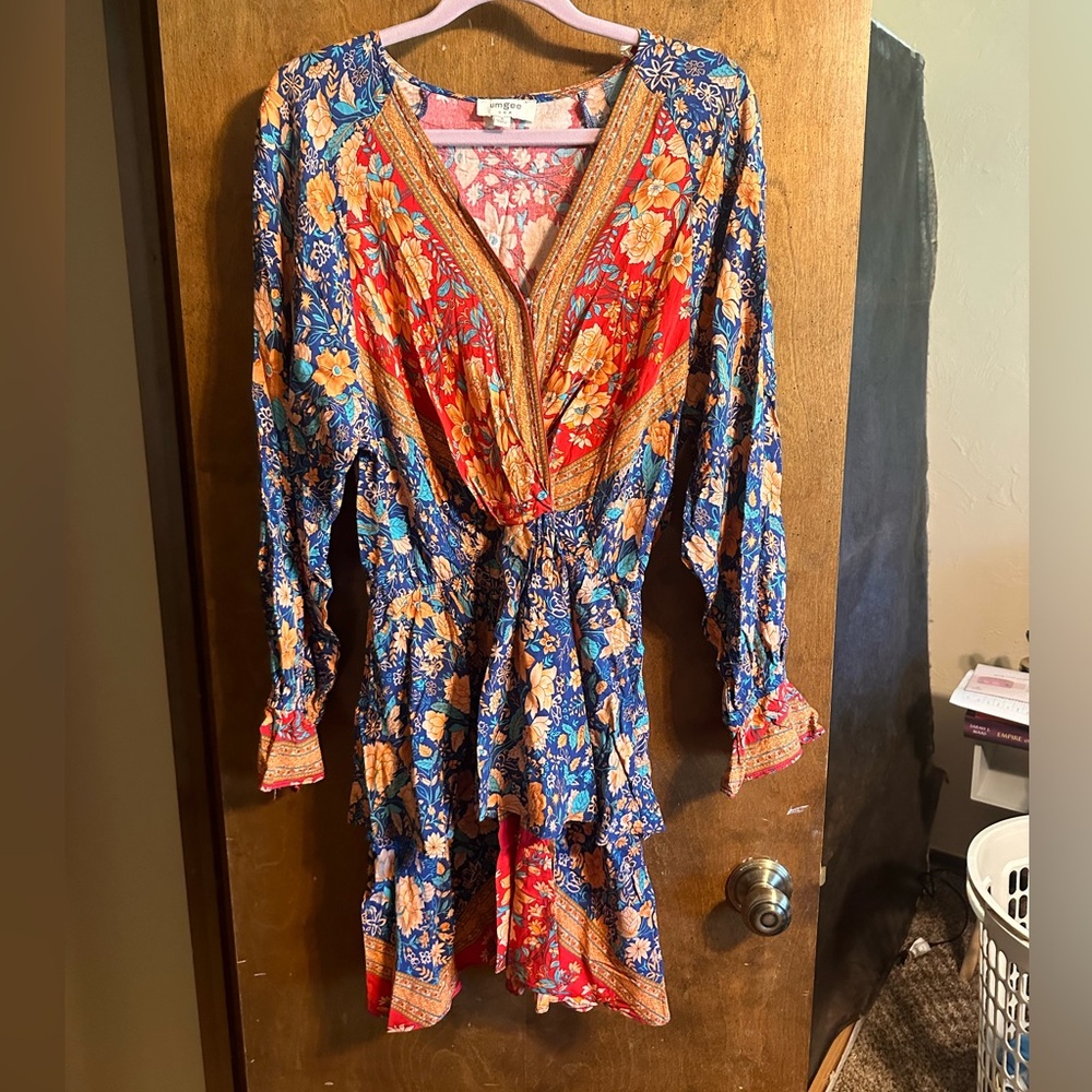 Colorful long sleeve ruffle bottom dress